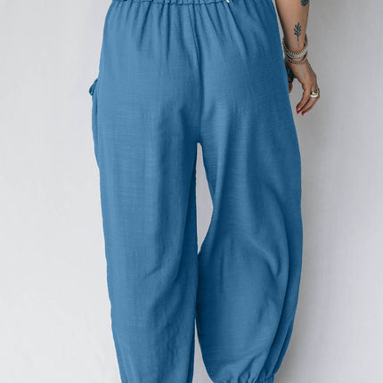 Prussian Blue Smocked Waist Casual Jogger Style Pants