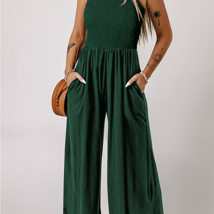 Ginger Smocked Sleeveless Wide Leg Jumpsuit with Pockets
