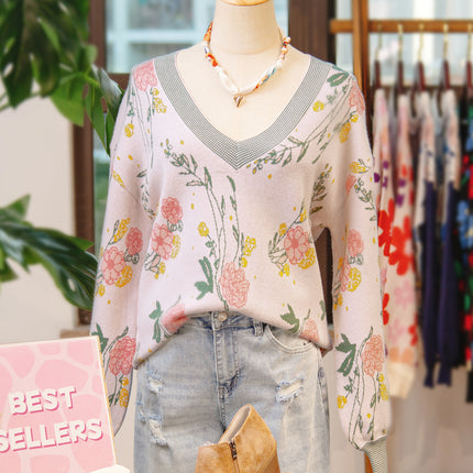 Pink Floral Pattern Striped V Neck Loose Sweater