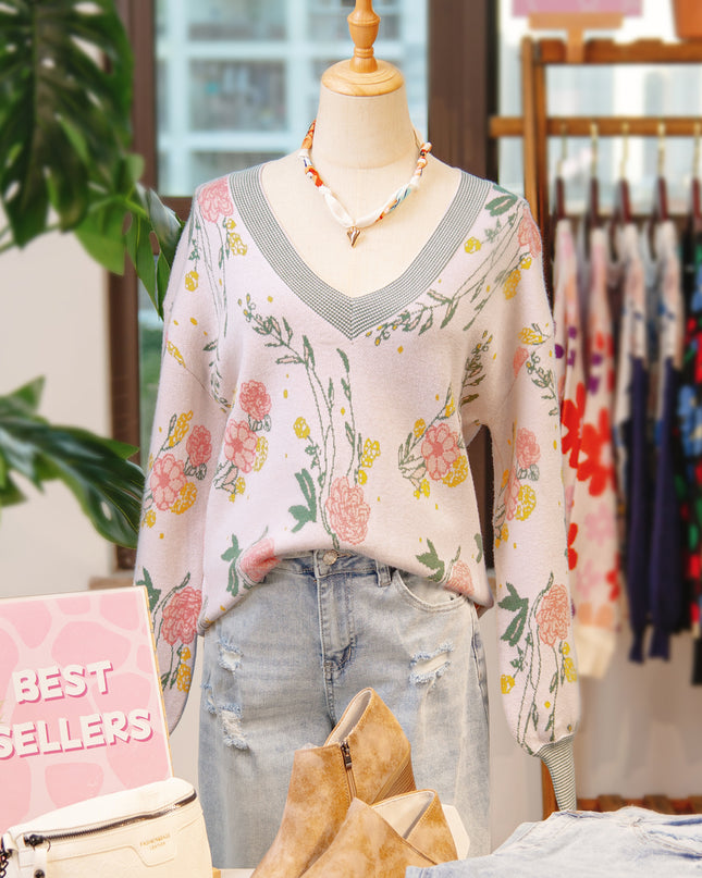 Pink Floral Pattern Striped V Neck Loose Sweater