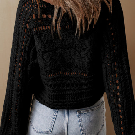 Smoke Gray Hollow-out Cable Knit Cropped Sweater