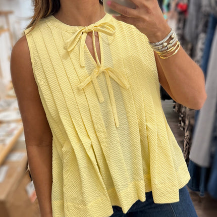 Yellow Cream Bow Tie Notched Neck Pleated Tank Top