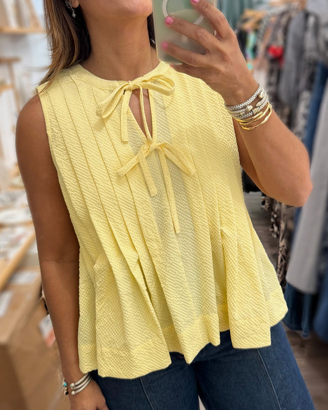 Yellow Cream Bow Tie Notched Neck Pleated Tank Top