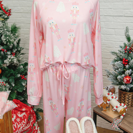 Pink Christmas Tree Nutcracker Print 2pcs Lounge Pant Set