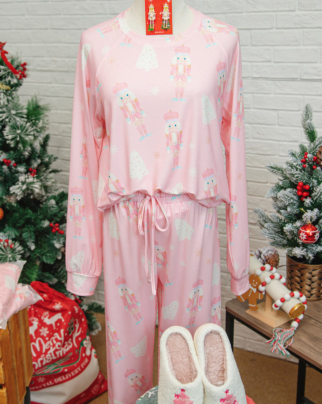 Pink Christmas Tree Nutcracker Print 2pcs Lounge Pant Set