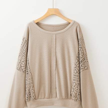 Parchment Knit Crochet Exposed Seam Ribbed Trim Sweatshirt