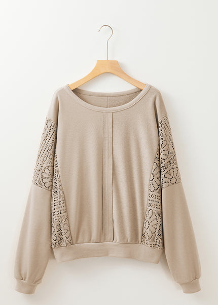 Parchment Knit Crochet Exposed Seam Ribbed Trim Sweatshirt