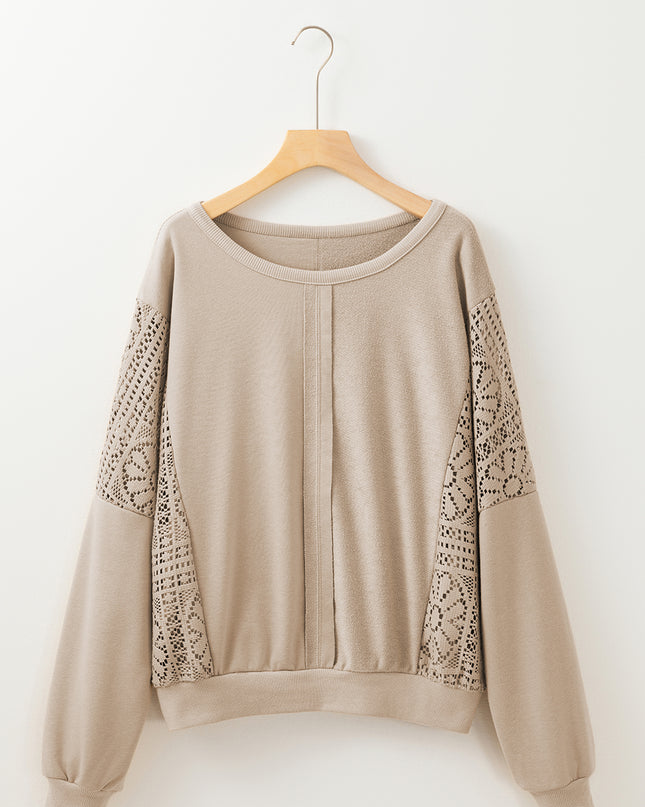 Parchment Knit Crochet Exposed Seam Ribbed Trim Sweatshirt