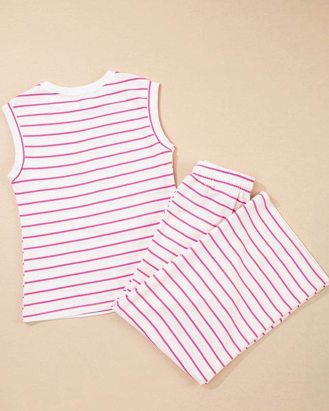Rose Stripe Casual Wide Leg 2pcs Pants Set