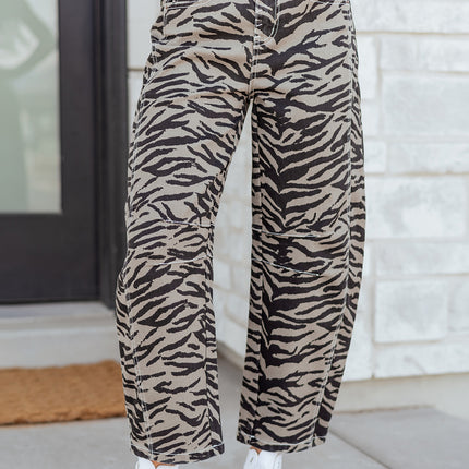 Gray Zebra Stripe Printed Wide Leg Jeans