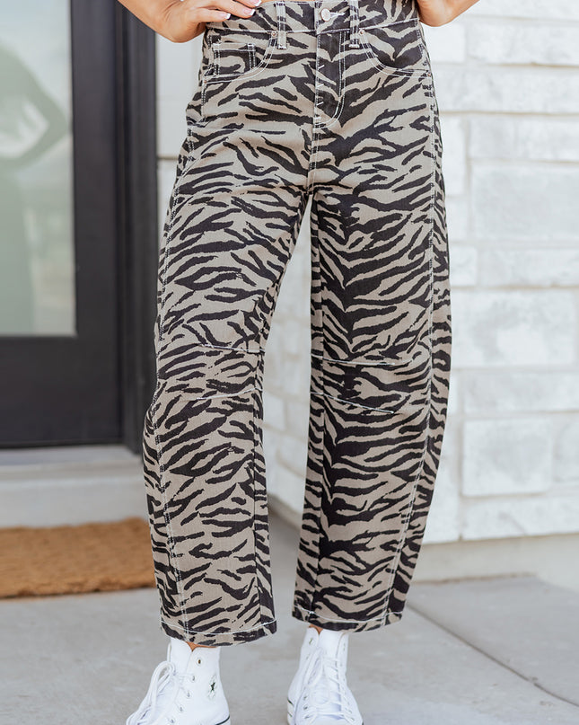 Gray Zebra Stripe Printed Wide Leg Jeans