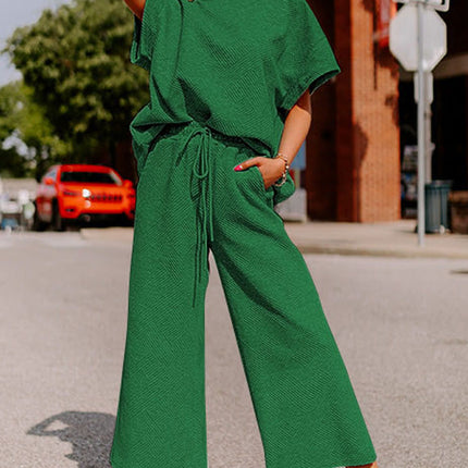 Black Textured Loose Fit T Shirt and Drawstring Pants Set