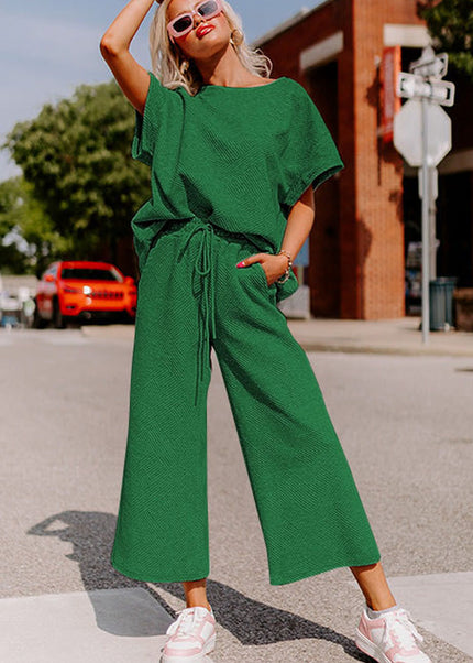 Black Textured Loose Fit T Shirt and Drawstring Pants Set