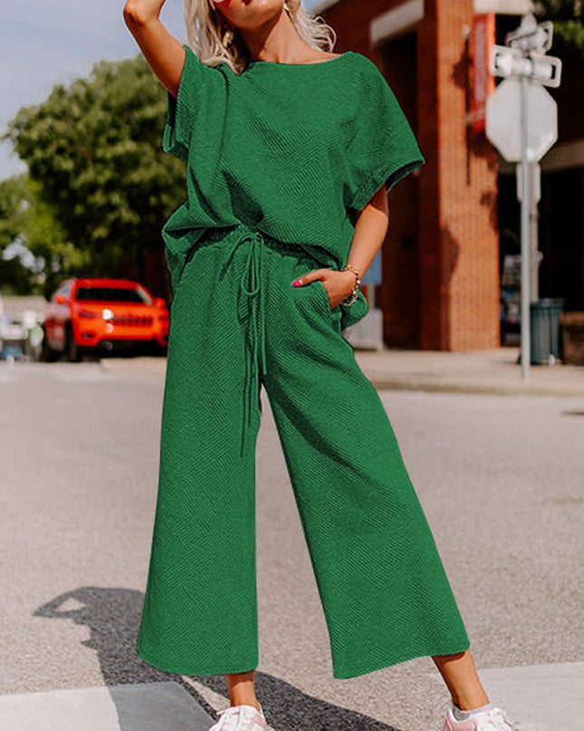 Black Textured Loose Fit T Shirt and Drawstring Pants Set