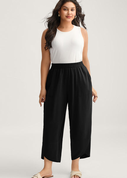 Sail Blue Plus Size Elastic Waist Asymmetrical Hem Loose Capris Pants