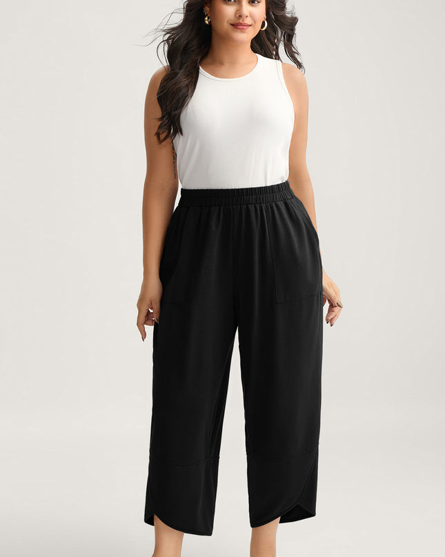 Sail Blue Plus Size Elastic Waist Asymmetrical Hem Loose Capris Pants