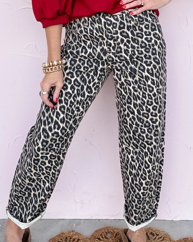 Black Leopard Print Barrel Jeans
