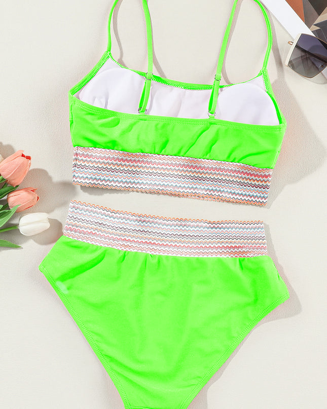Peach Blossom Striped Patchwork Spaghetti Strap High Waist Bikini Swimsuit