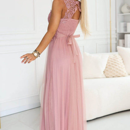 Powder Pink Embroidered Lace Tulle Maxi Dress