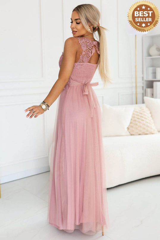 Powder Pink Embroidered Lace Tulle Maxi Dress