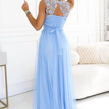 Baby Blue Embroidered Lace Tulle Maxi Dress