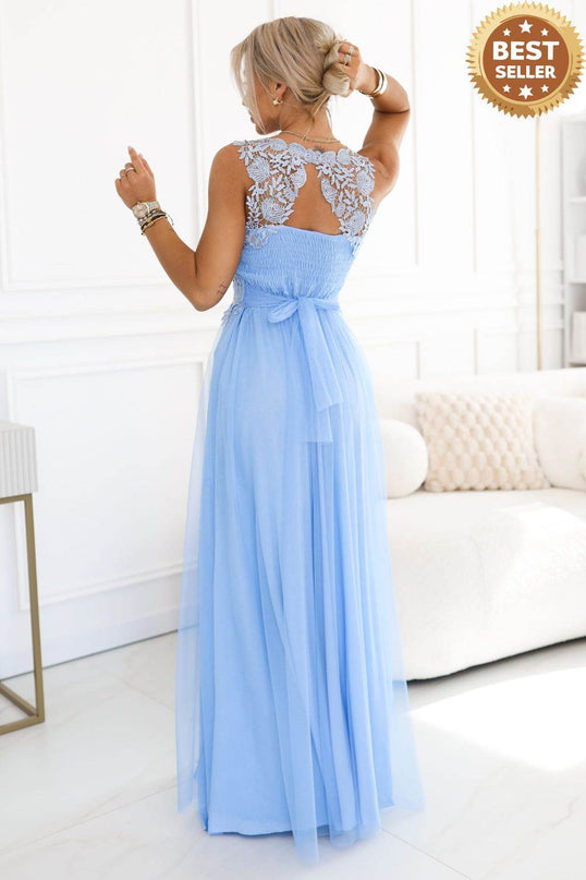 Baby Blue Embroidered Lace Tulle Maxi Dress