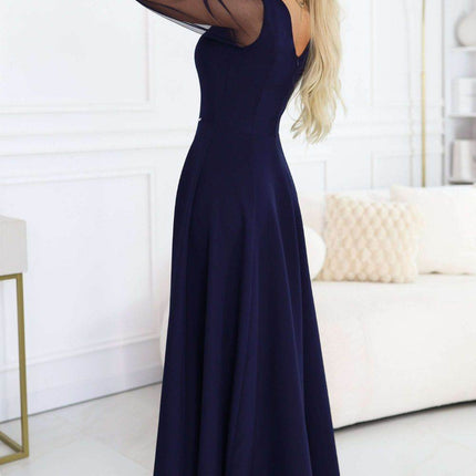 Navy Blue Dress with Tulle Sleeves and Neckline – Loretta