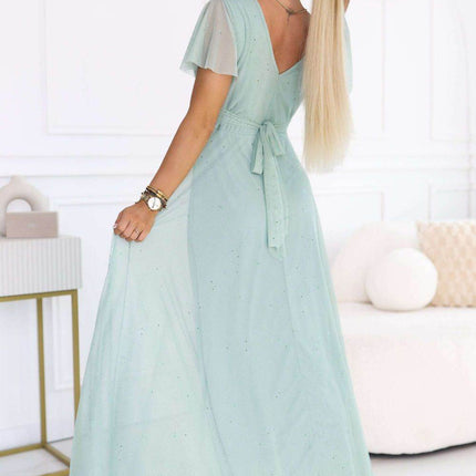 Pistachio Long Shimmer Dress with Neckline and Short Sleeve – Melania