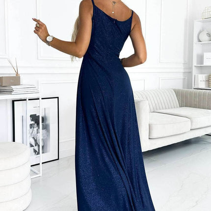 Dark Blue Glitter Maxi Dress with Straps – Chiara