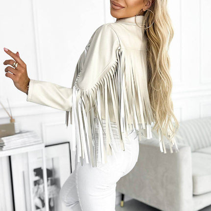 Beige Eco Leather Jacket with Fringes