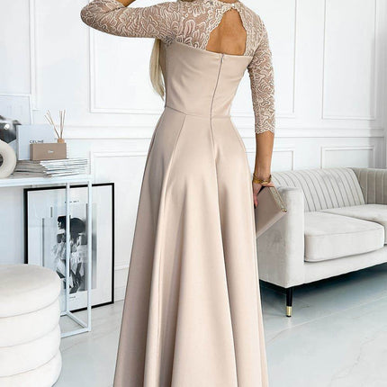 Beige Lace Dress with Leg Slit – Amber
