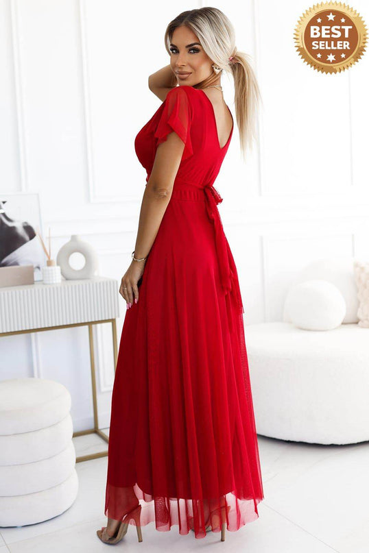 Red Long Dress with Neckline and Short Sleeves – Nastia