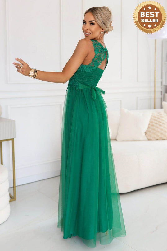 Green Embroidered Lace Tulle Maxi Dress