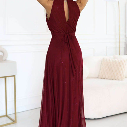 Burgundy Long Dress with Brocade Accent – Veronica