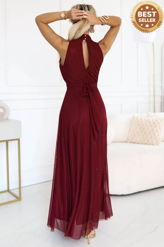 Burgundy Long Dress with Brocade Accent – Veronica
