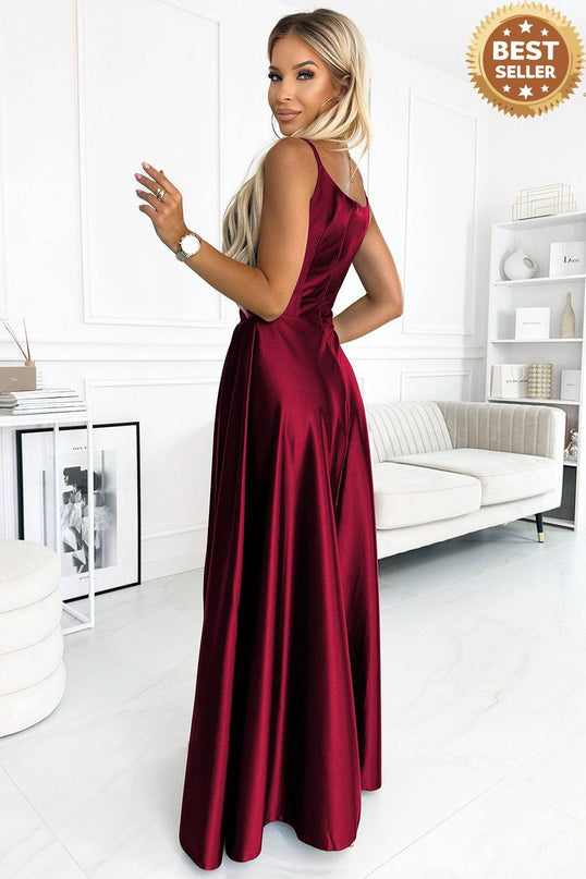 Burgundy Satin Maxi Dress with Straps – Chiara