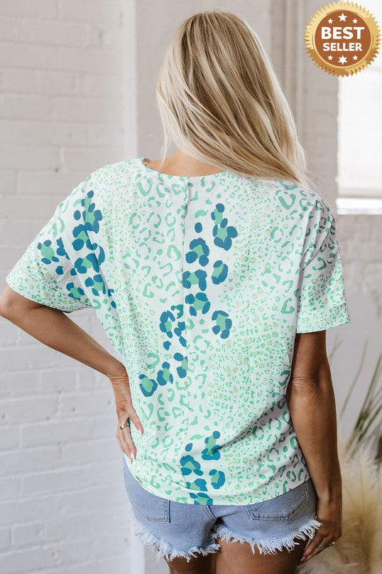 Leopard Print V Neck Short Sleeve Blouse