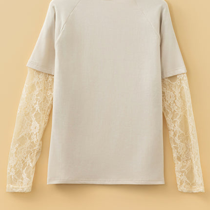 Jet Stream Solid Color Lace Patchwork Long Sleeve T Shirt