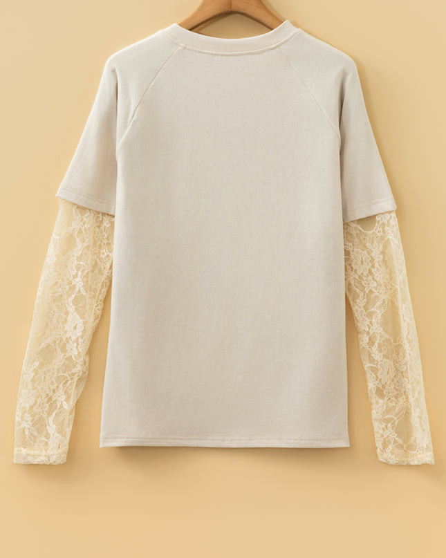 Jet Stream Solid Color Lace Patchwork Long Sleeve T Shirt