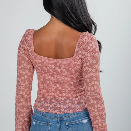 Peach Blossom Drawstring Knot Detail Floral Lace Blouse