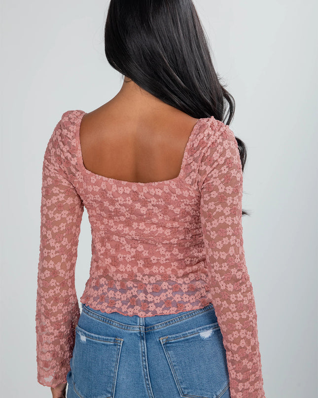 Peach Blossom Drawstring Knot Detail Floral Lace Blouse