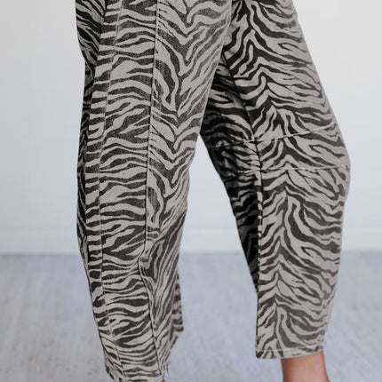 Gray Zebra Stripe Printed Wide Leg Jeans