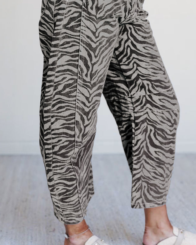 Gray Zebra Stripe Printed Wide Leg Jeans