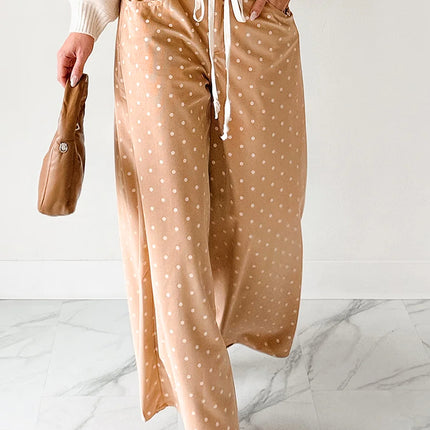 Khaki Polka Dot Print Drawstring Wide Leg Pants