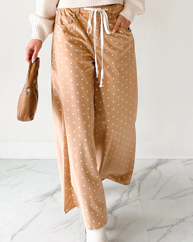 Khaki Polka Dot Print Drawstring Wide Leg Pants