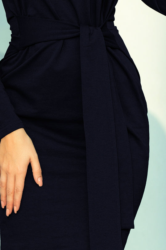 Navy Blue Dress with Wide Tied Belt