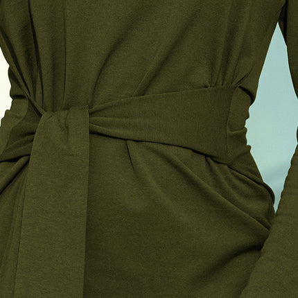 Khaki Dress with Wide Tied Belt