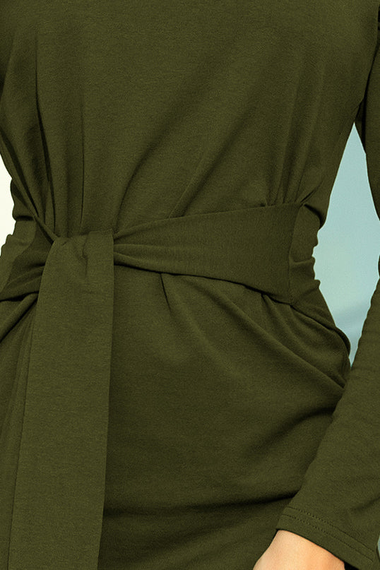 Khaki Dress with Wide Tied Belt