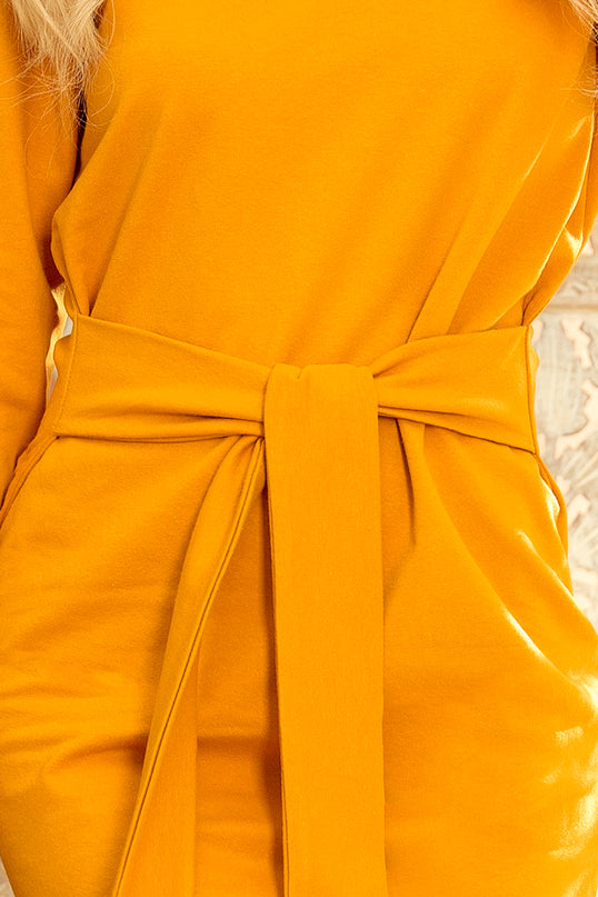 Mustard Dress with Wide Tied Belt