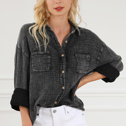 Black Crinkle Textured Chest Pockets Shirt